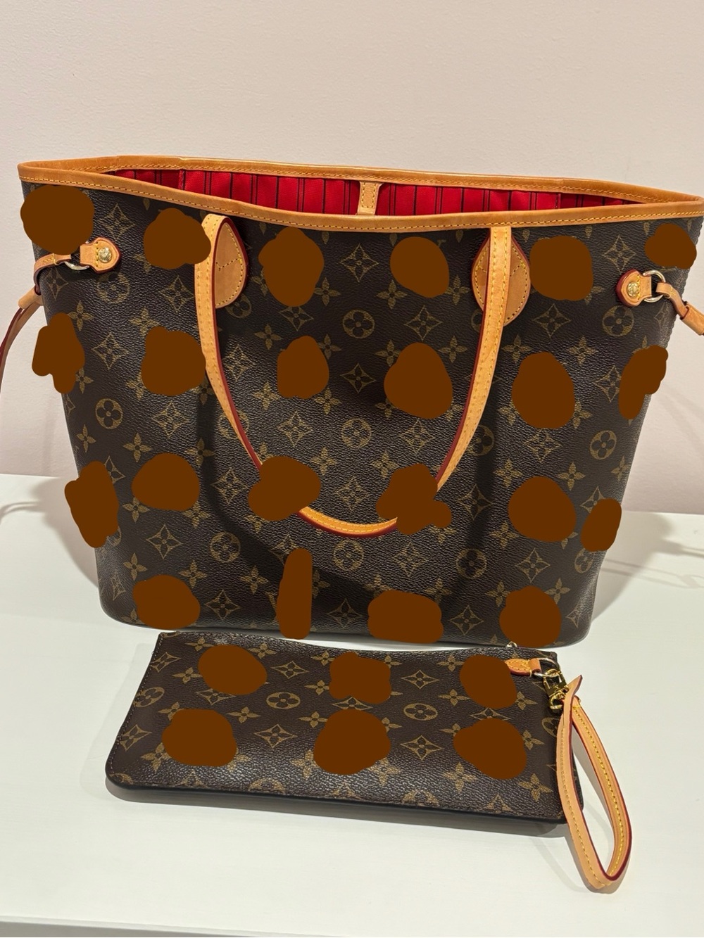 Unbranded Brown Monogram Neverfull Tote with Red Interior